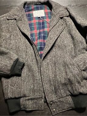 Vintage Gray Herringbone Bomber Jacket with Navy & Red Plaid Lining